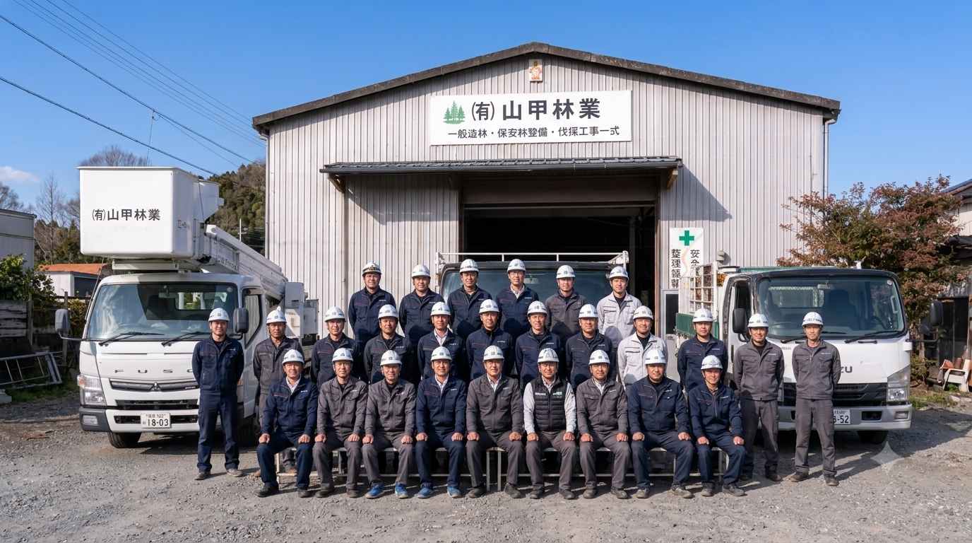 作業服姿の社員が並ぶ集合写真